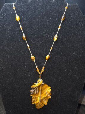 Tiger Eye Beaded Necklace With Leaf Pendant By Dabby Reid Adjustable Chain Autum